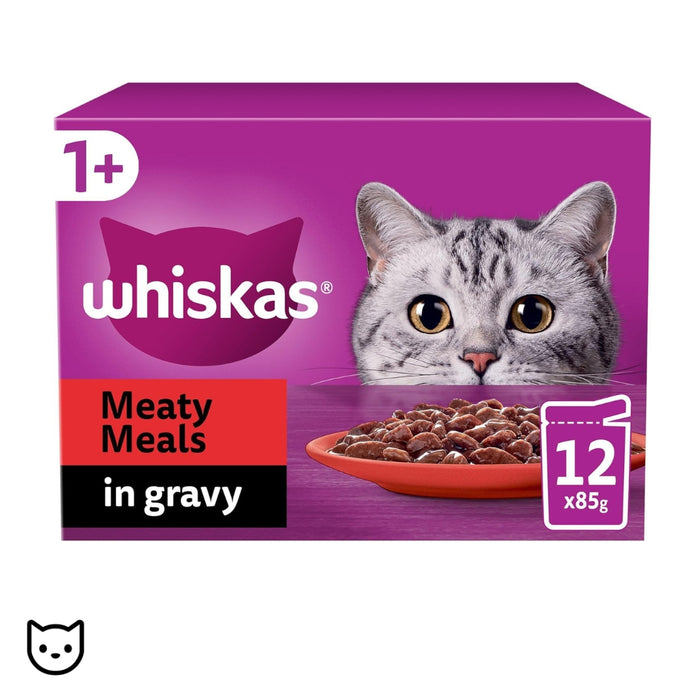 Whiskers 1 Meaty Meals Adult Wet Cat Food Pouches in Gravy 12 x 85g WOOF AND MEOW